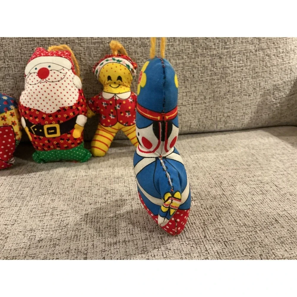 Vintage Christmas Fabric Plush Ornaments Lot 5 Santa Nutcracker Gingerbread Noel